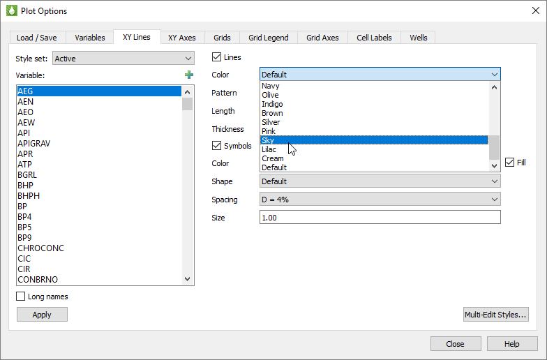 plot options xy lines color